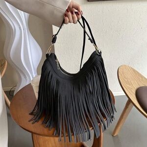 Chic Boho Black Tassel Fringe Shoulder or Crossbody Bag